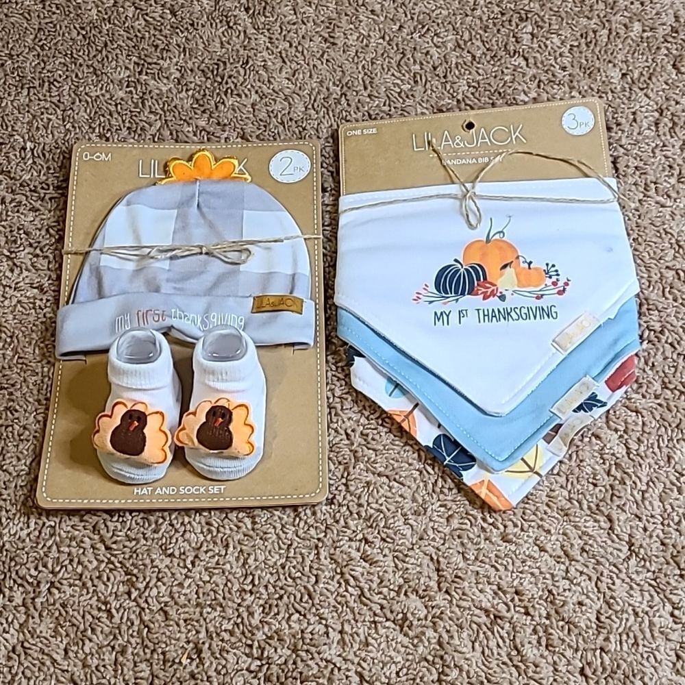 Lila & Jack 2 Sets, one w/3 Thanksgiving Bibs, and second set of booties and hat